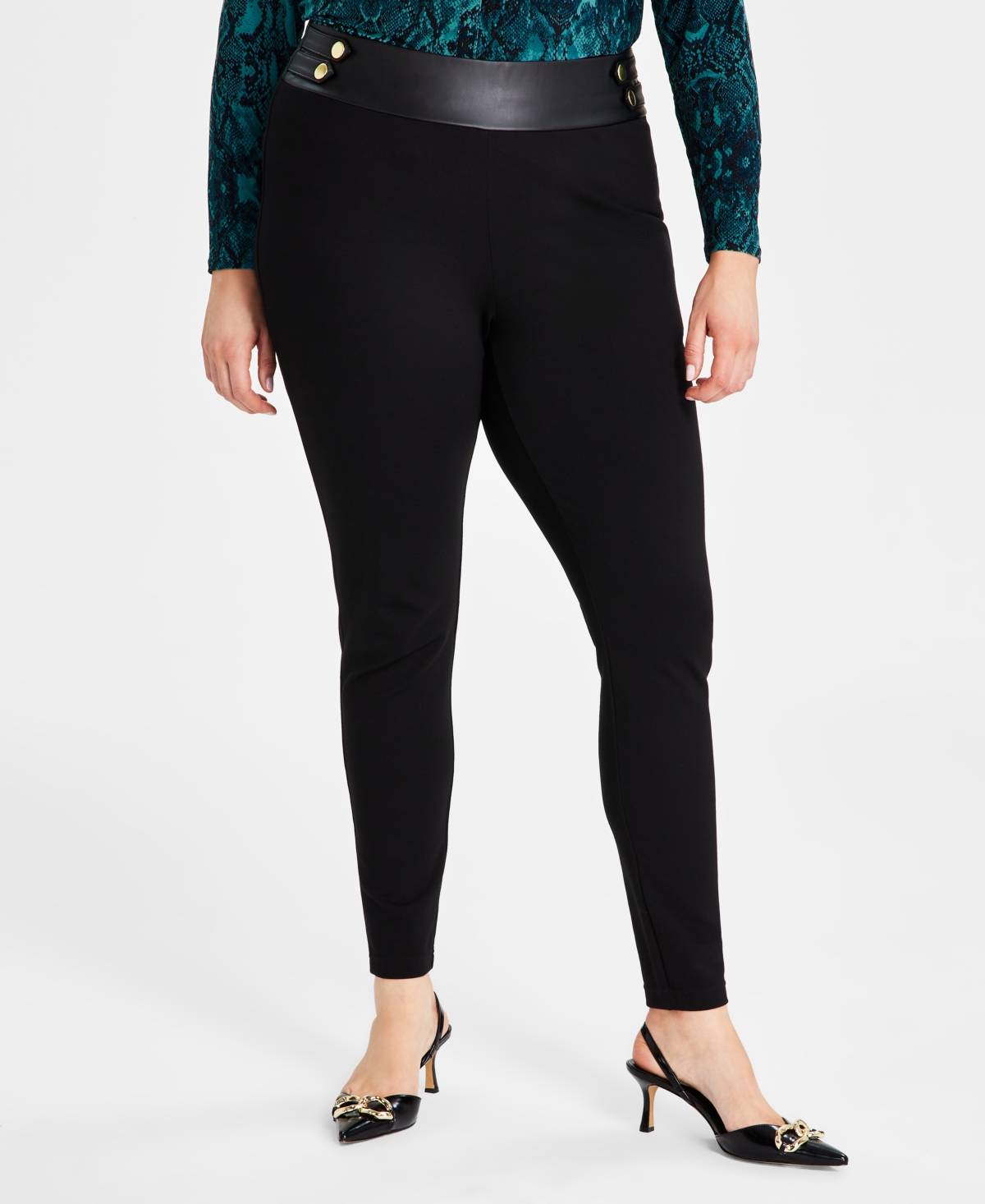 Plus Size Mixed-Media Ponte Skinny Pants, Created for Macy's - Deep Black