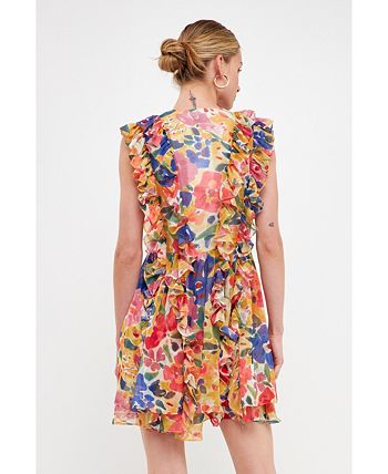 endless rose Women's Multi Pop Floral Chiffon Ruffled Mini Dress