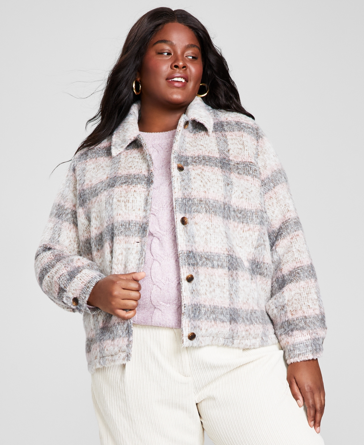 And Now This Trendy Plus Size Plaid Shirt Jacket In Pink Plaid