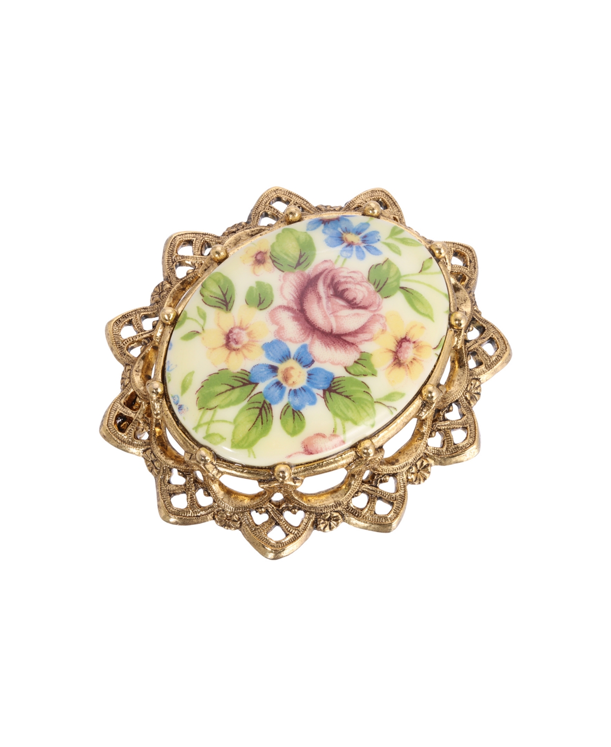 Glass Oval Floral Brooch - Gold