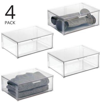 Plastic Stacking Closet Storage Organizer Bin with Drawer, 4 Pack, Clear