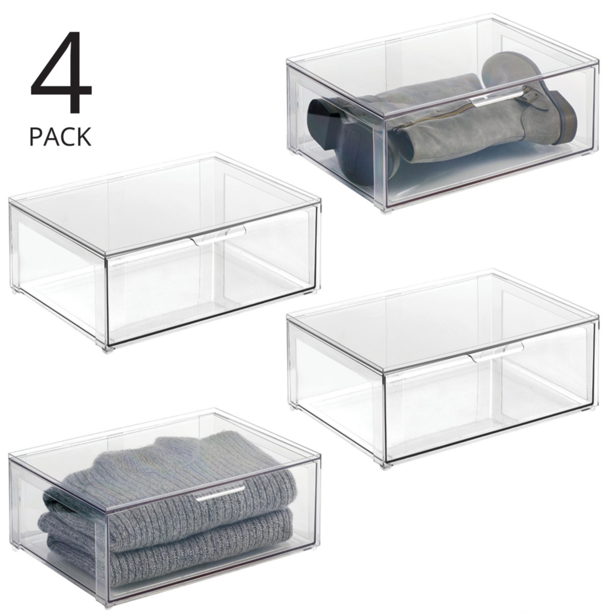 mDesign Stackable Closet Storage Bin Box with Pull-Out Drawer, Large - 4 Pack