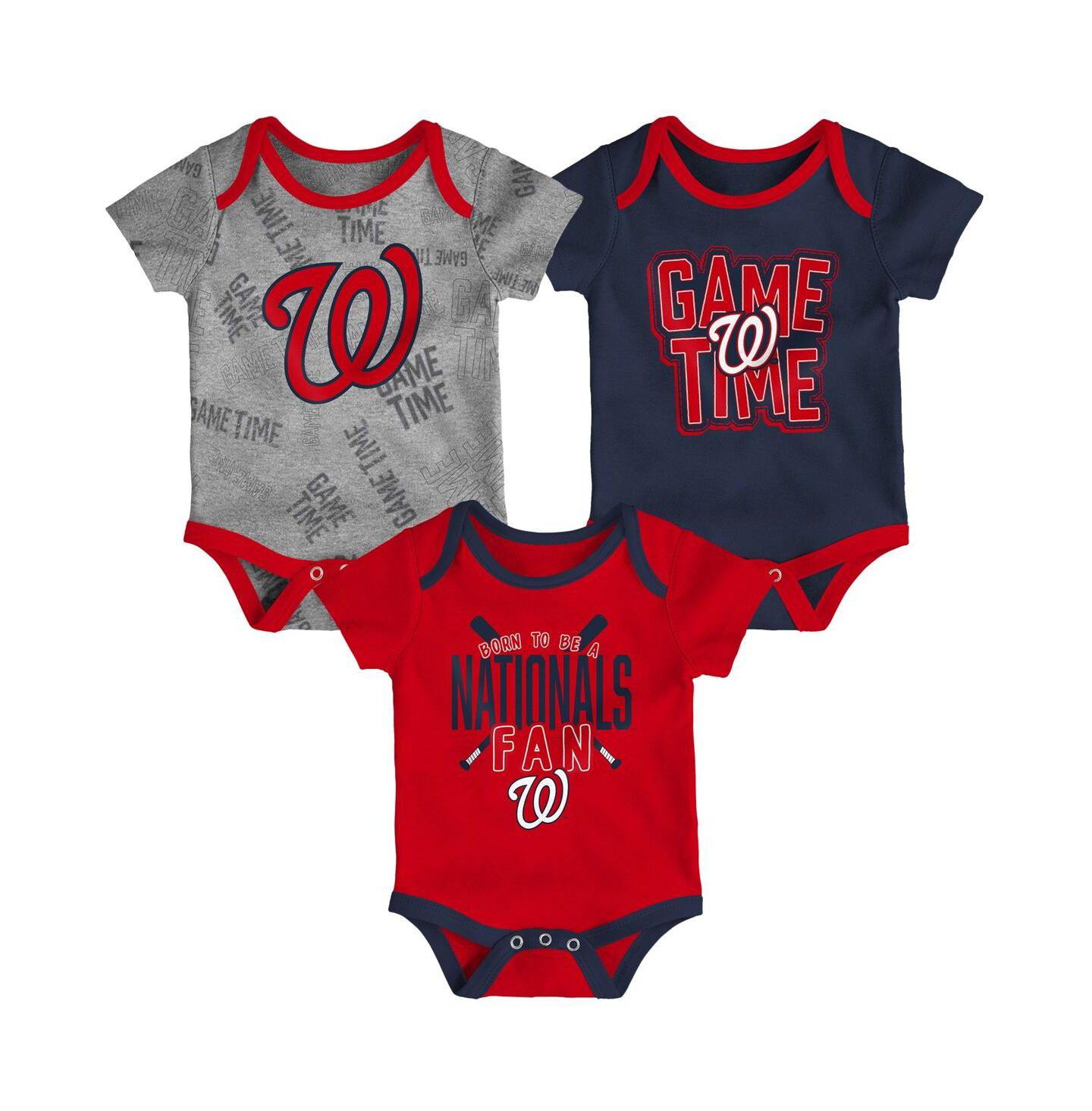 Outerstuff Newborn and Infant Boys and Girls Washington Nationals Red, Navy, Heathered Gray Game Time Three-Piece Bodysuit Set — фото 1