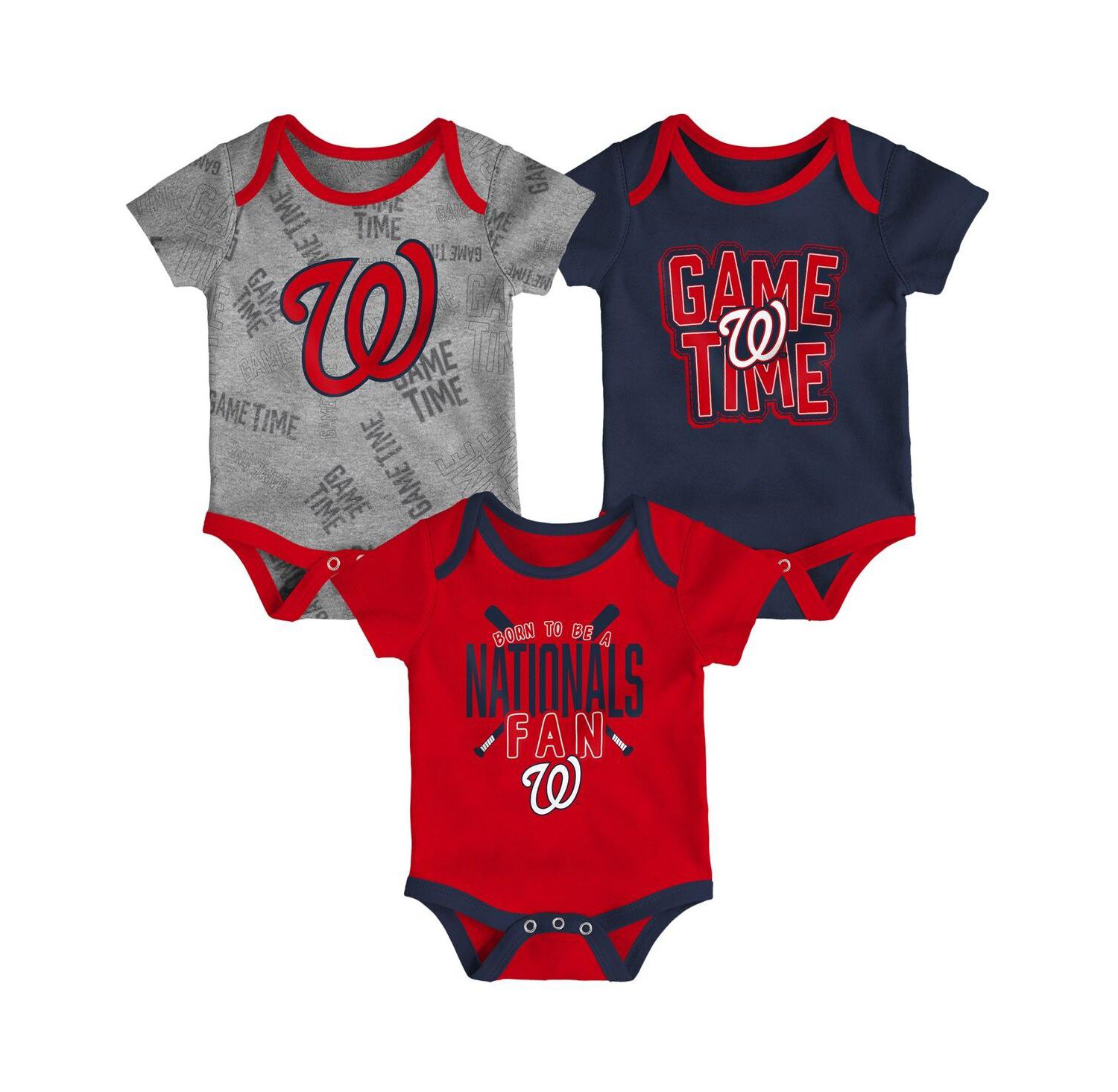 Newborn and Infant Boys and Girls Washington Nationals Red, Navy, Heathered Gray Game Time Three-Piece Bodysuit Set