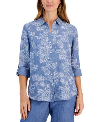 売れ筋商品|||チャータークラブ カットソー トップス レディース Women's Printed 100% Linen Roll-Tab Shirt, Exclusively at Macy's Bright White Combo Charter Club Women's 100% Linen Foliage-Print Roll-Tab Shirt