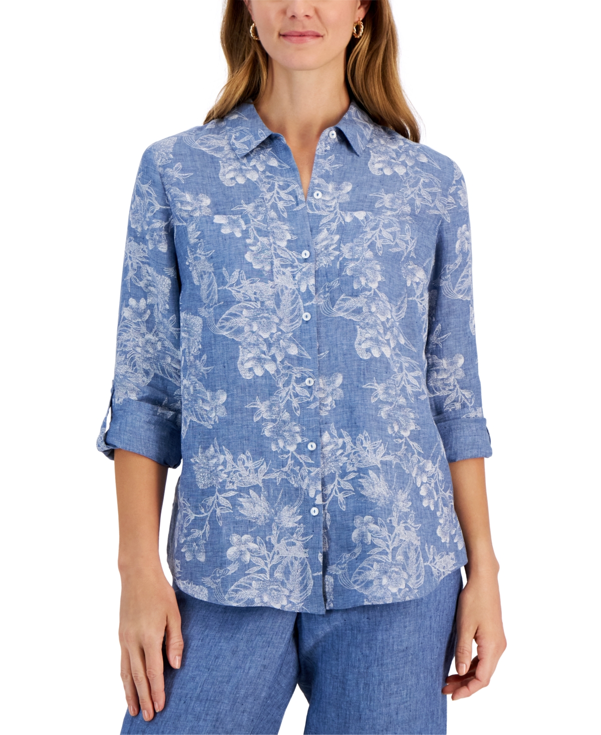 Charter Club Women's 100% Linen Foliage-print Roll-tab Shirt, Created For Macy's In Blue Ocean Combo