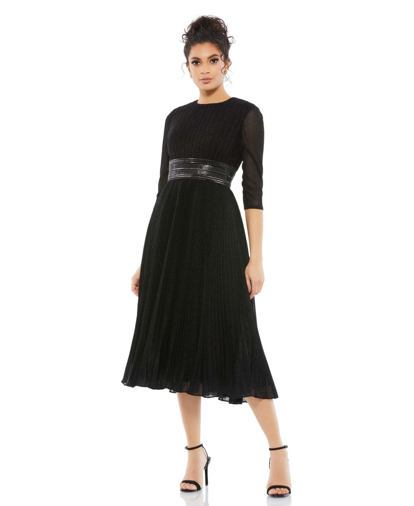 Женское платье Mac Duggal Shimmering 3/4 Sleeve A-Line Midi, цвет: Чёрный — фото 1