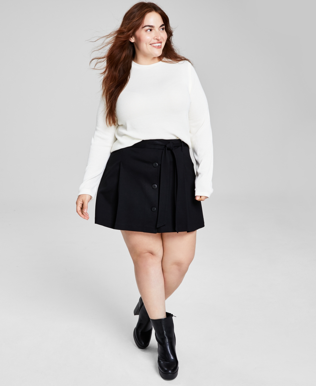 And Now This Trendy Plus Size Belted Button-front Skirt In Black