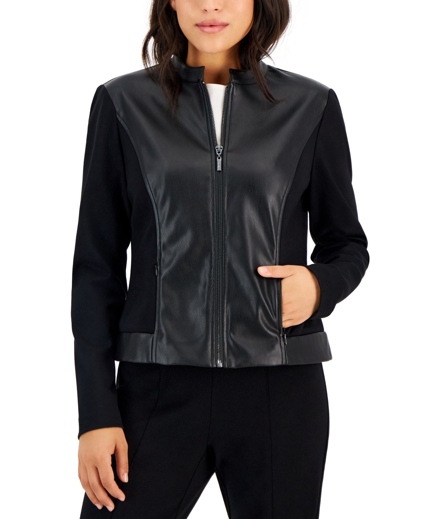 Женская куртка Anne Klein Essentials Petite Mandarin-Collar Zip-Up, цвет: Чёрный — фото 3