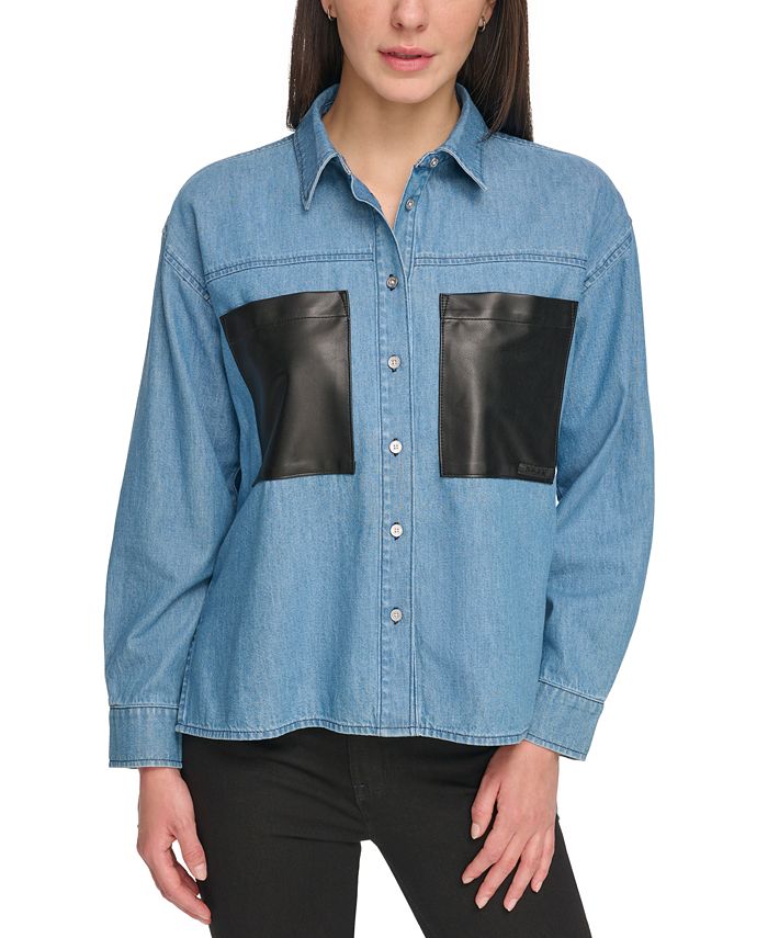 DKNY Jeans Women's Women's Faux-Leather-Pocket Chambray Shirt - Macy's