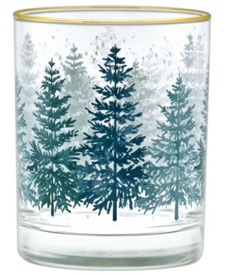 14-Ounce 22 Carat Gold-Tone Rim DOF (Double Old Fashioned) Glass Set of 4 - Holiday Winter Pine Trees