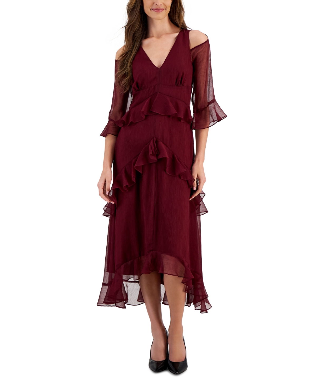 Buy Boardwalk Empire Inspired Dresses Tahari Asl Womens Ruffled Cold-Shoulder Midi Dress - Burgundy $159.00 AT vintagedancer.com