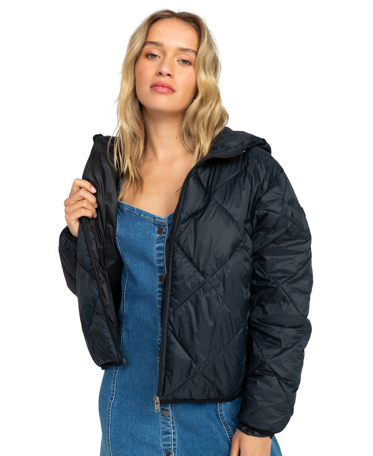 Juniors' Wind Swept Packable Hooded Puffer Coat - Anthracite