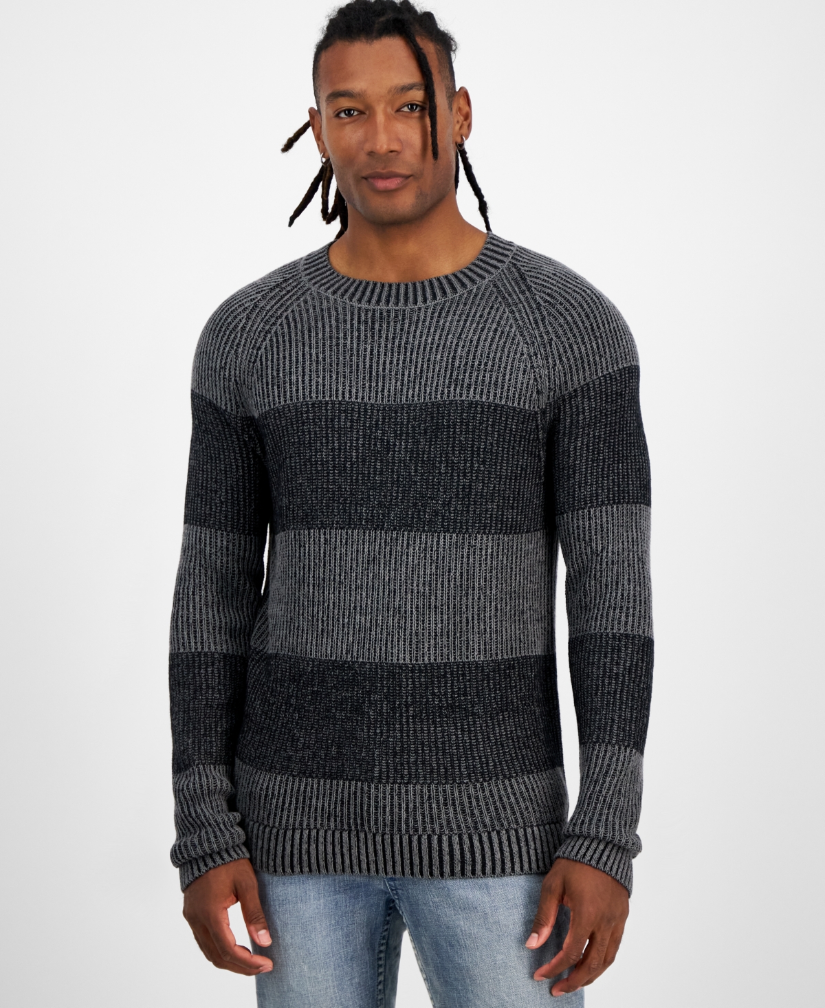 Inc International Concepts Men's Plaited Crewneck Sweater, Created For Macy's In Deep Black