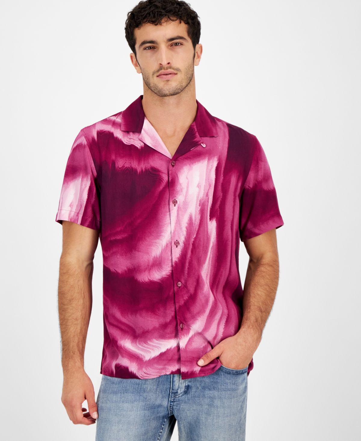 Inc International Concepts Men's Smoke Stream Short Sleeve Button-front Camp Shirt, Created For Macy's In Chery Plum