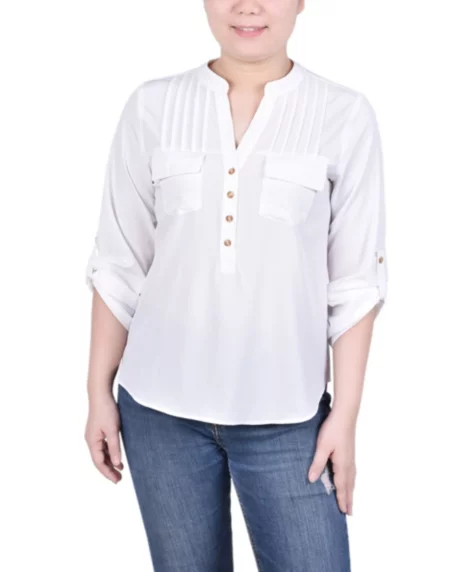 Petite Long Tab-Sleeve Blouse with Pockets - Ivory