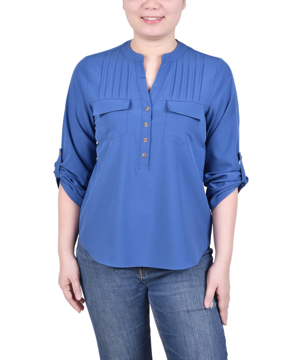 Petite Long Tab-Sleeve Blouse with Pockets - True Navy