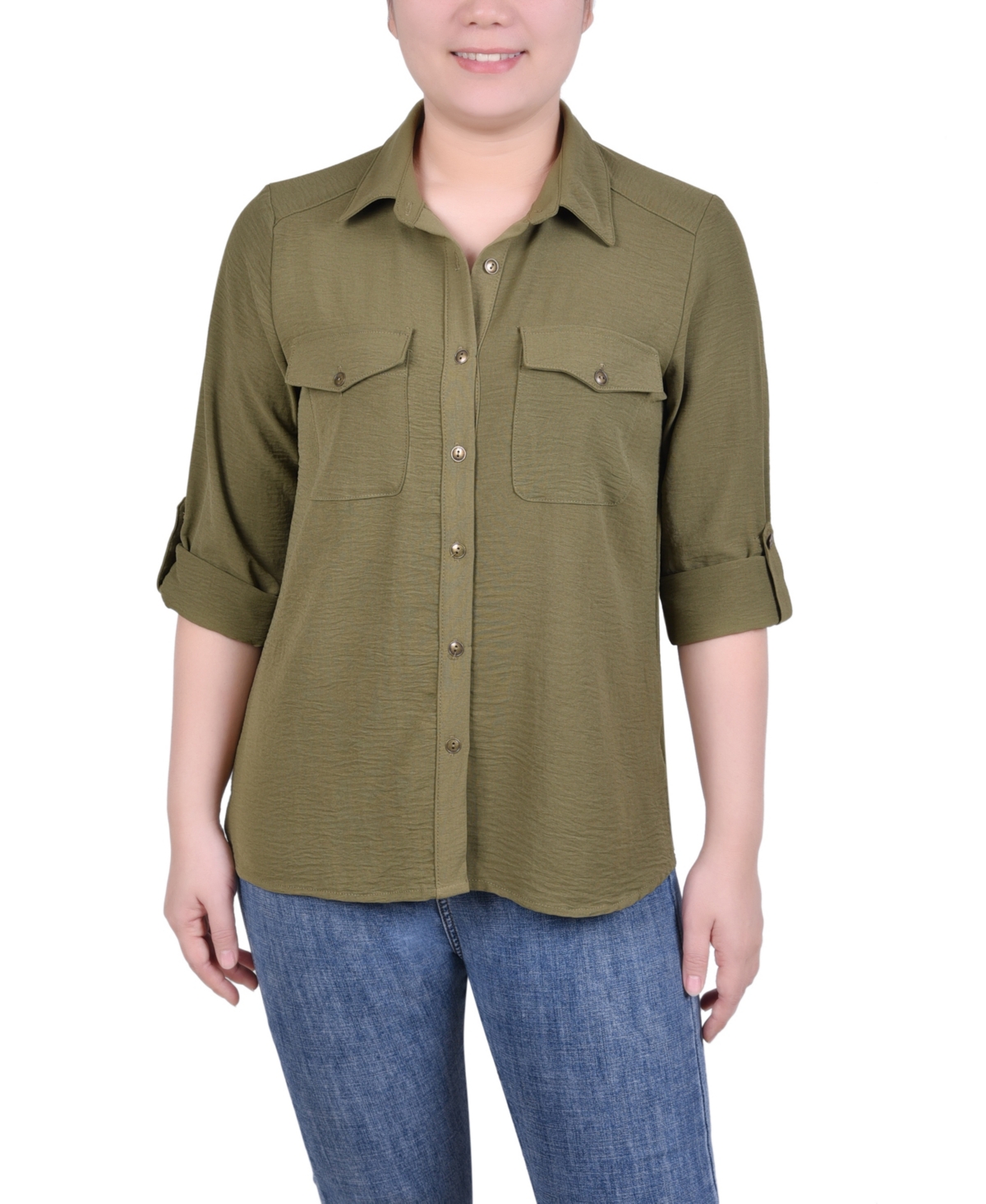 Ny Collection Petite Roll Tab Blouse In Burnt Olive
