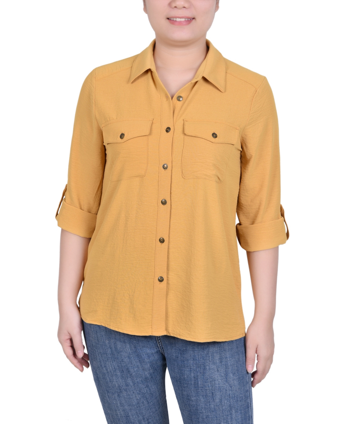 Ny Collection Petite Roll Tab Blouse In Narcissus