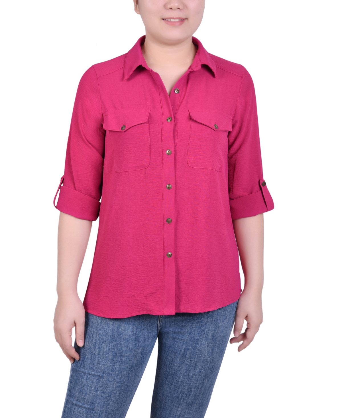Ny Collection Petite Roll Tab Blouse In Sangria