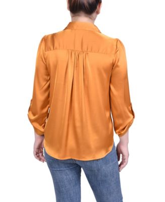 Petite Tabbed Long Sleeve Satin Blouse