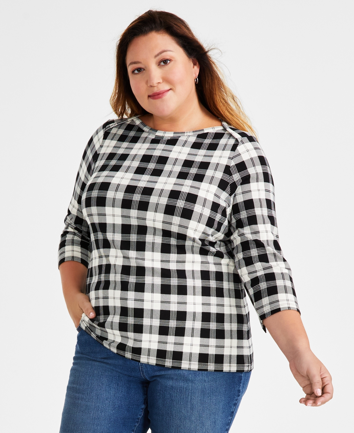 Style & Co Plus Size Printed Pima Cotton 3/4-sleeve Top, Created For Macy's In Newbry Plaid White