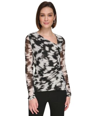 Calvin Klein - Women's Printed Twist-Front Asymmetrical Mesh Top