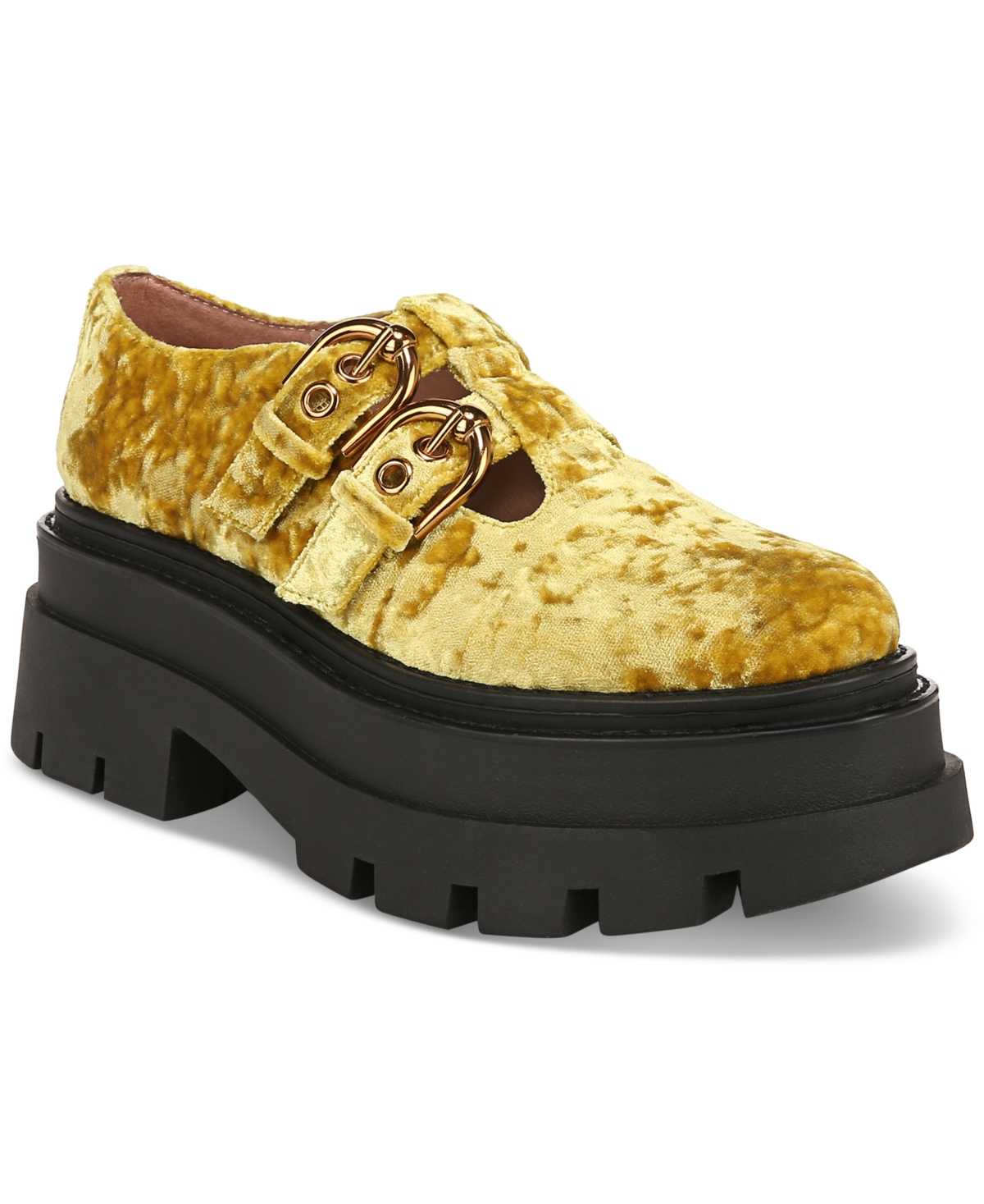 Circus Ny Women's Bryce T-strap Mary Jane Lug Platform Loafers In Sun Yellow Crushed Velvet