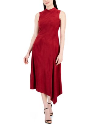 Women's Faux-Suede Asymmetrical-Hem Midi Dress