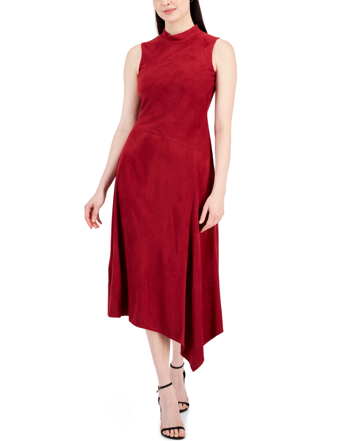 Women's Faux-Suede Asymmetrical-Hem Midi Dress - Cardinal Red