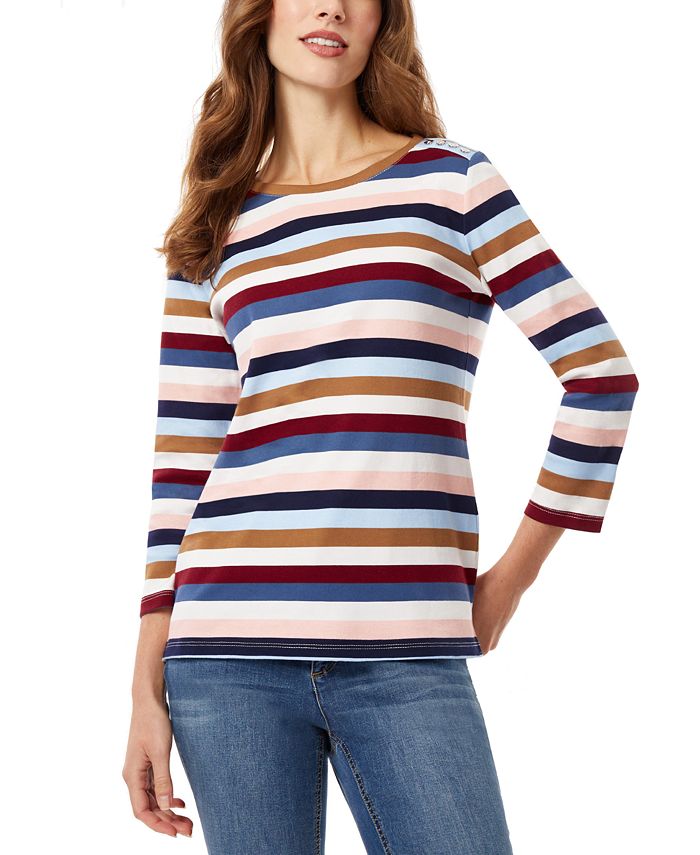 Jones New York Women's Cotton Striped Button-Shoulder T-Shirt - Macy's