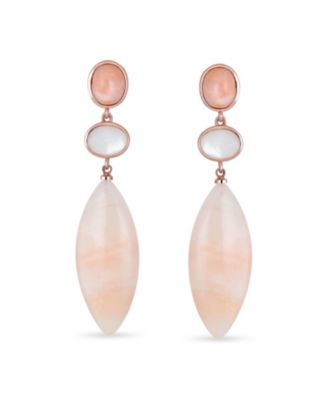 Unique Long White MOP Pastel Pink Natural Aventurine Rhombus Oval Shape 3 Tier Party Dangling Earrings Gold Plated