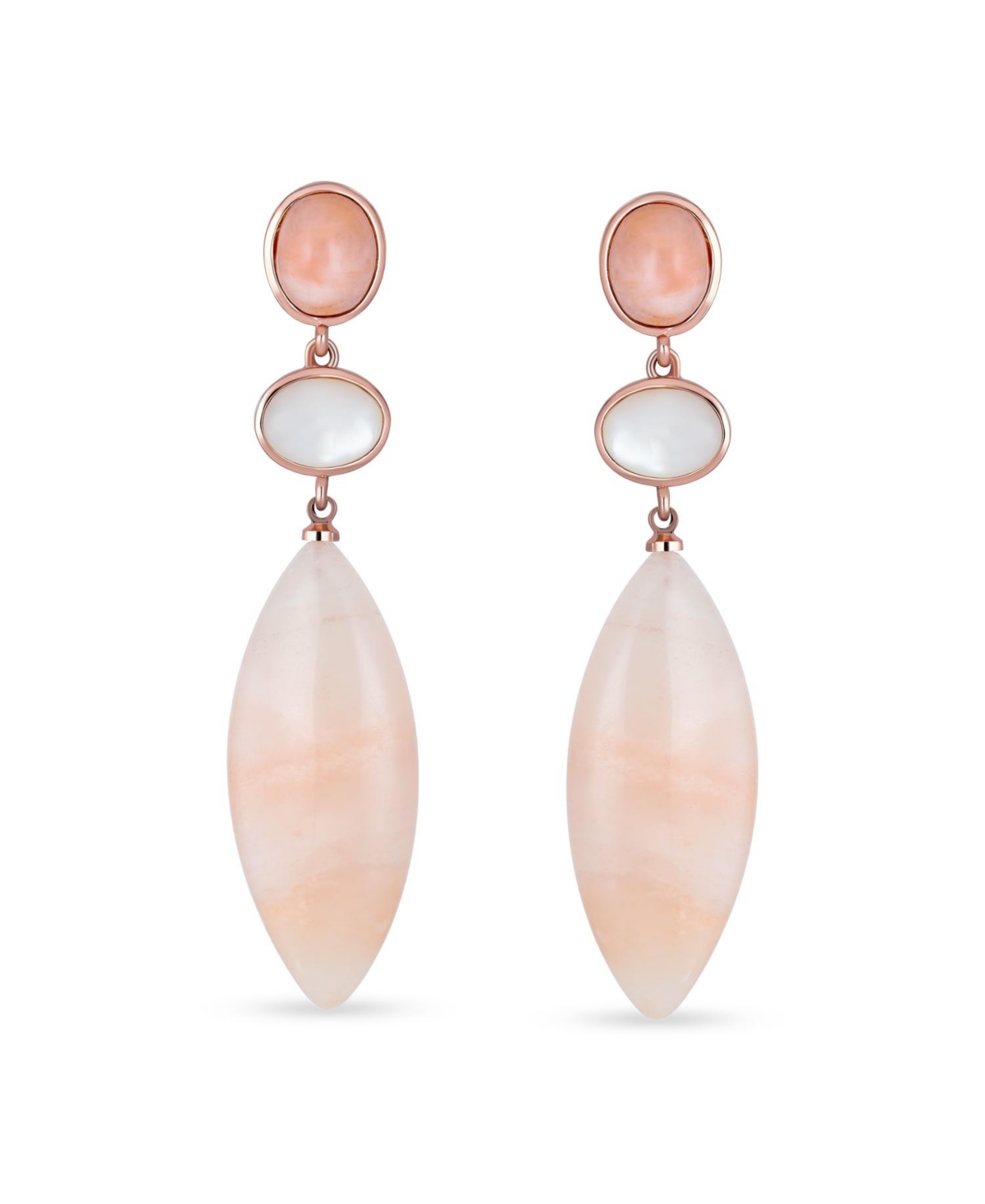 Bling Jewelry Unique Long White Mop Pastel Pink Natural Aventurine Rhombus Oval Shape 3 Tier Party Dangling Earrings Gold Plated