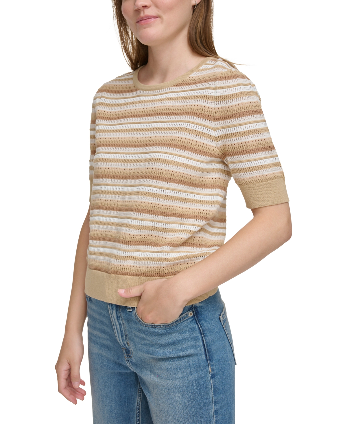 Calvin Klein Jeans Est.1978 Women's Cotton Textured Stripe Elbow-sleeve Sweater In Naturals