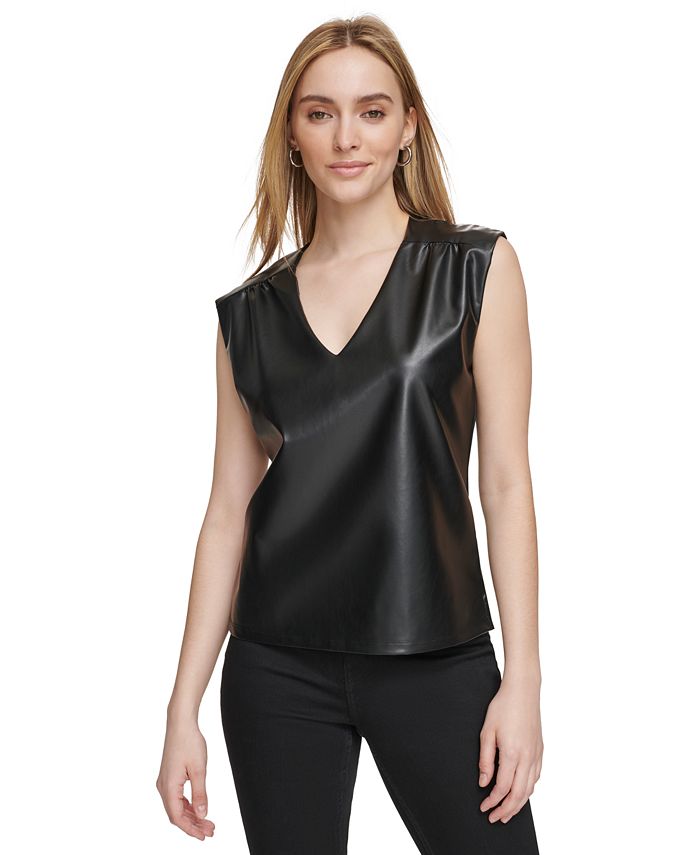 Calvin Klein Women's Faux Leather V-Neck Tank Top - Macy's
