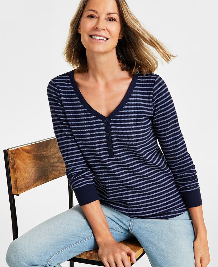 Style & Co Women's Striped Textured Henley Top, Created for Macy's - Macy's