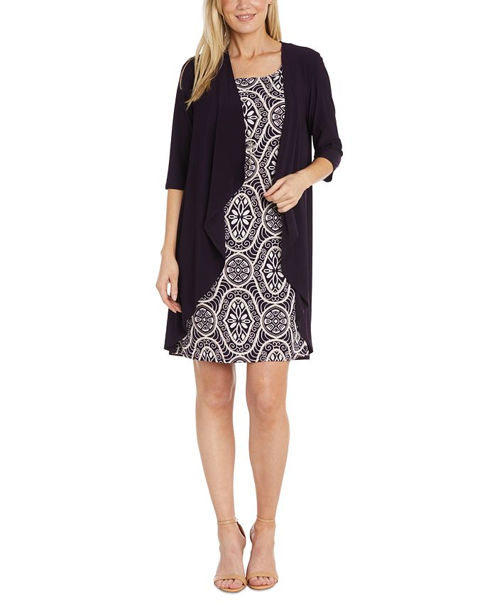 R M Richards Petite Open Front Jacket Printed Necklace Dress