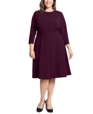 Plus Size 3/4-Sleeve Tab-Waist Fit & Flare Dress