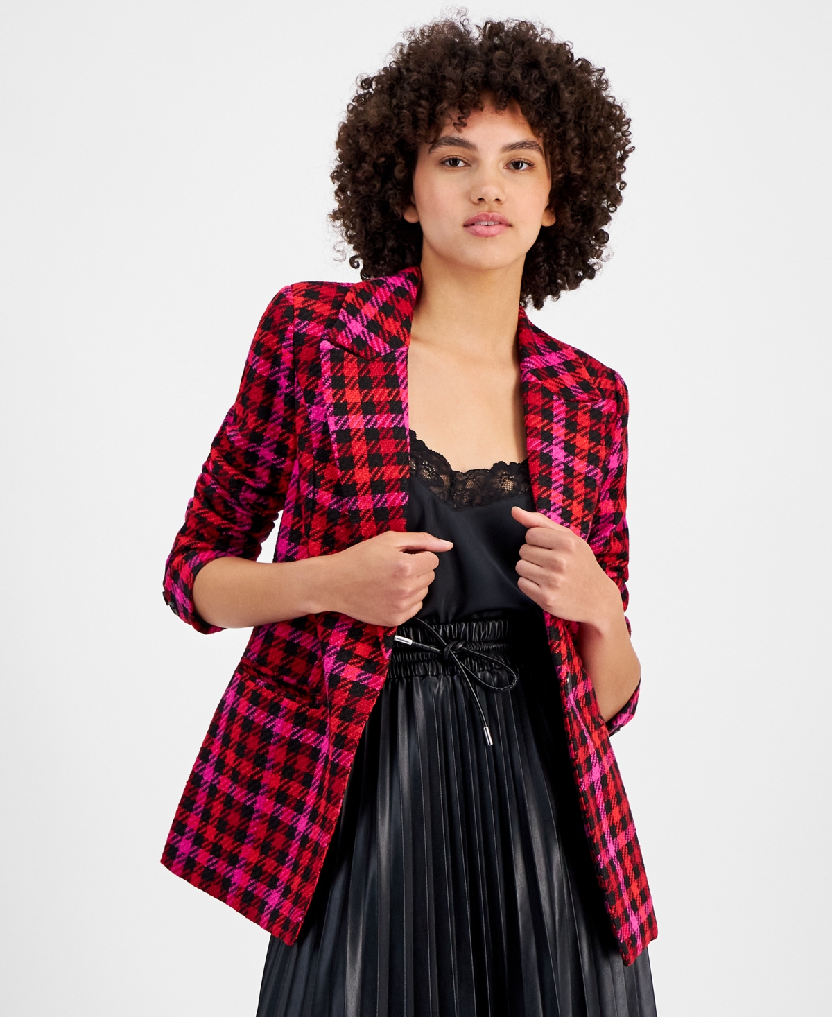 Avec Les Filles Womens Houndstooth Tweed Blazer Faux Leather Pleated Midi Skirt In Red,black,pink Plaid