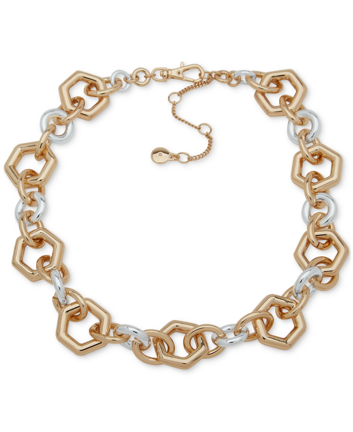 Two-Tone Circle & Hexagon Link Collar Necklace, 16" + 3" extender - Gold