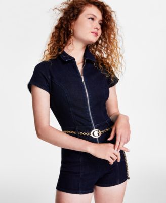 GUESS - Women's Ember Belted Short-Sleeve Denim Romper