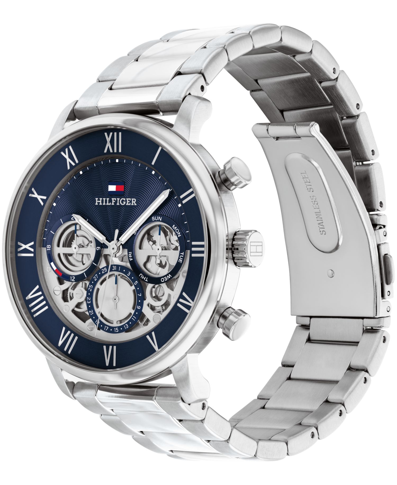 Men's Multifunction Silver-Tone Stainless Steel Bracelet Watch 44mm