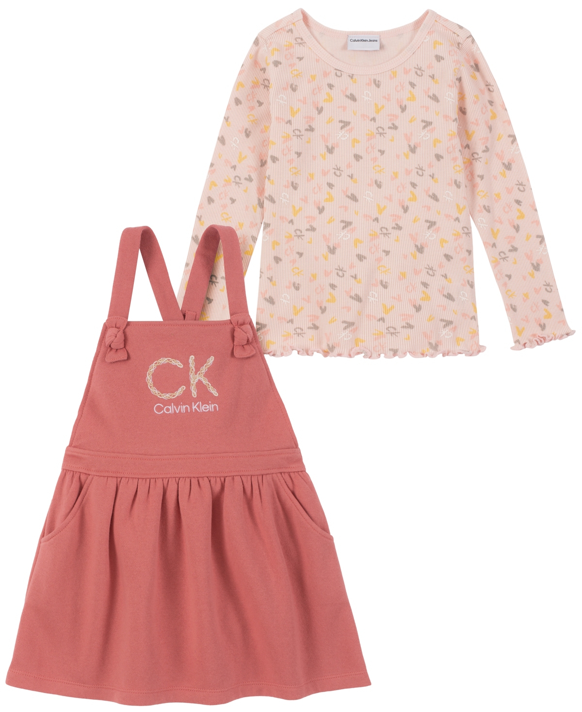 Calvin Klein Kids' Toddler Girls Ribbed Print Jersey T-shirt And Fleece Apron Jumper, 2 Piece Set In Pink