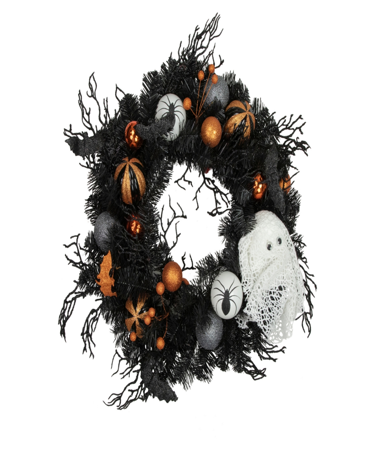 Northlight Ornaments And Ghost Halloween Pine Wreath, 24" Unlit In Black