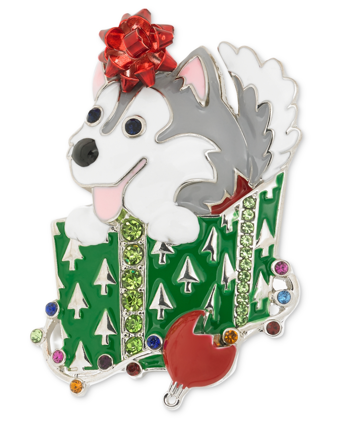 Silver-Tone Crystal Puppy Present Pin, Created for Macy's - Multi