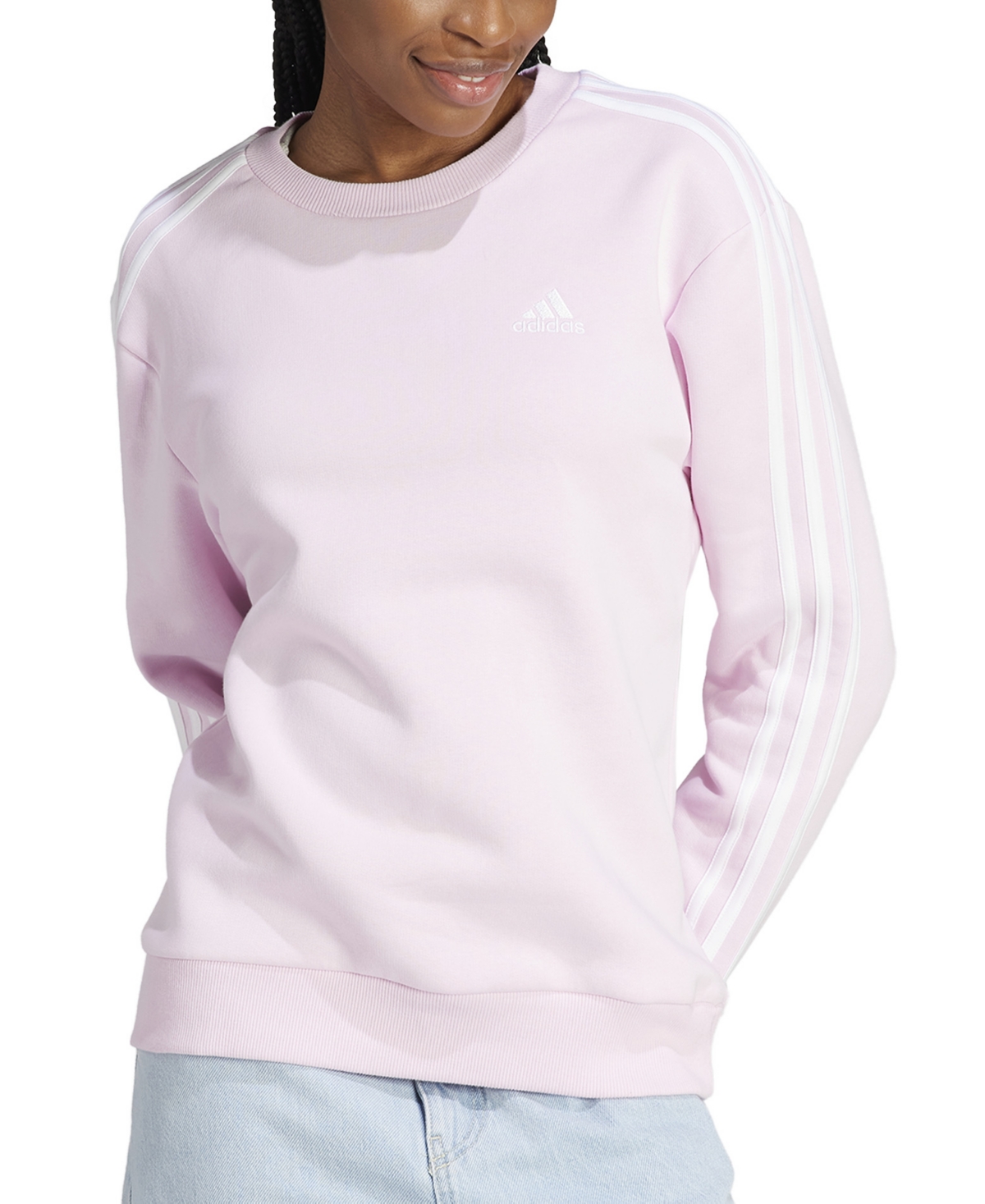 Adidas Originals Women's 3-stripe Cotton Fleece Crewneck Sweatshirt In Clear Pink,white