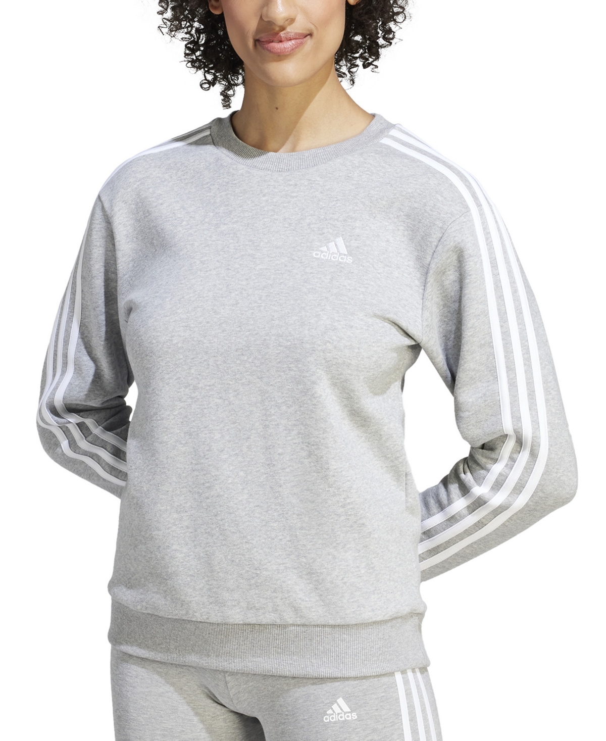 Adidas Originals Women's 3-stripe Cotton Fleece Crewneck Sweatshirt In Medium Grey Heather,white