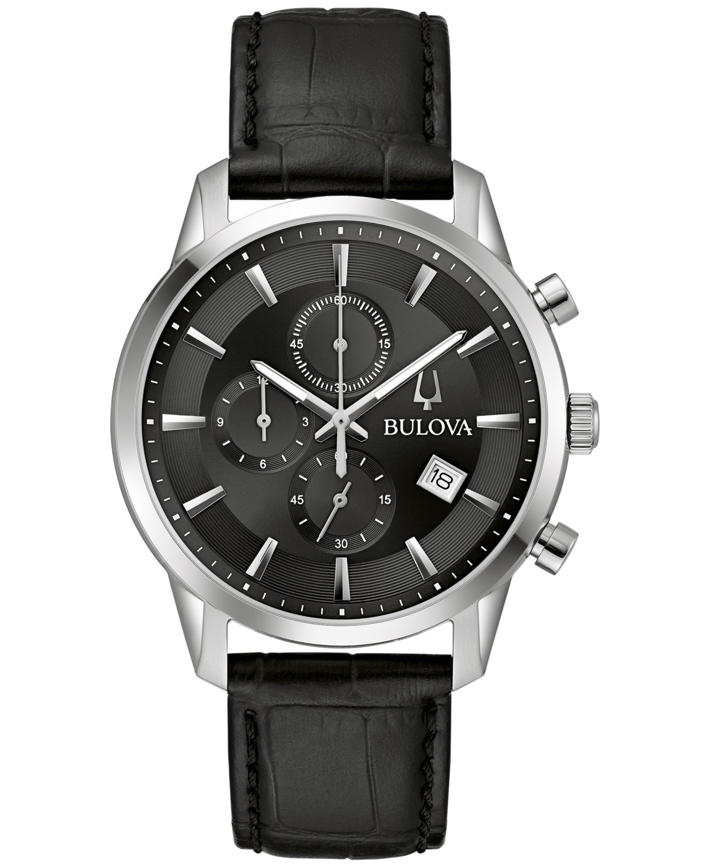 Мужские часы Bulova Chronograph Classic Sutton Black Leather Strap Watch 41mm — фото 1