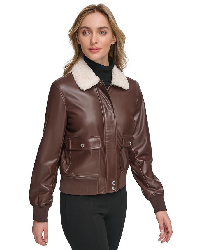 Calvin Klein Women's Faux-Leather Bomber Jacket - Macy's
