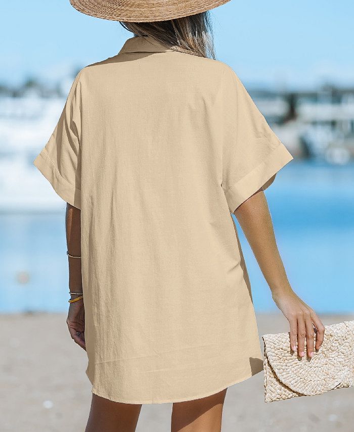 CUPSHE Women's Ravenna Short Sleeve Shirt Collar Solid Cover Up Dress